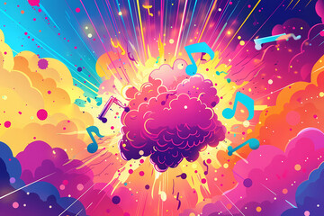 explosion with musical notes against a pink background
