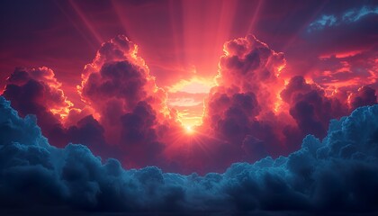 Besutiful ray of sunlight breaking through clouds at sunset. 