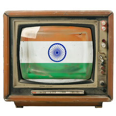 old classic televion with india flag in the screen, isolated PNG, white background