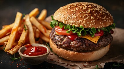 An oversized, juicy cheeseburger with lettuce on top, accompanied by golden fries against a dark background, presents a mouth-watering photo.