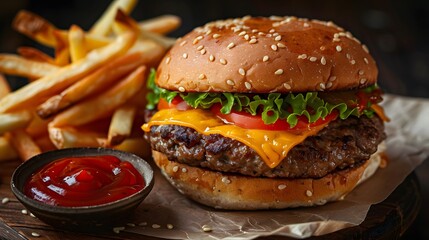 An oversized, juicy cheeseburger with lettuce on top, accompanied by golden fries against a dark background, presents a mouth-watering photo.