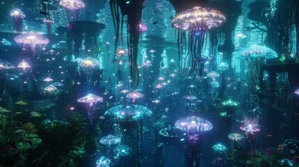 Fototapeta premium Giant glowing jellyfish illuminate a sprawling city of sea creatures with schools of sparkling fish and cascading seaweed towers creating . .
