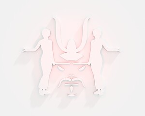 Optical illusion. Women with katana swords make silhouette of samurai warrior face. Simple illustration of Japanese man. Martial art logo design. 3D render