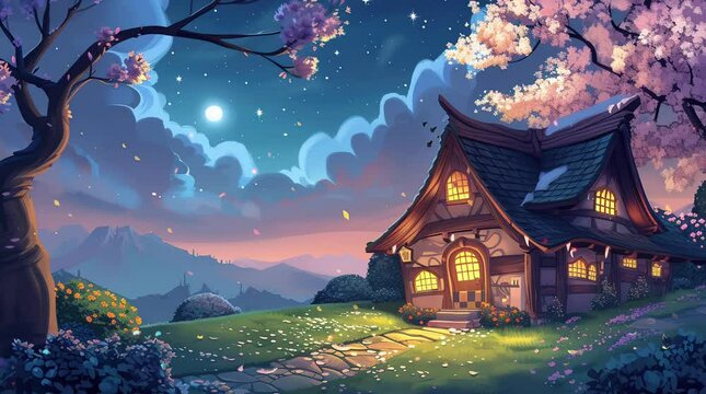 Glowing house nestled in a grassy valley amidst a fantastical night landscape. Enchanting scene under the stars.
Seamless looping 4k time-lapse virtual video animation background. Generated AI