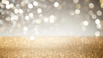 Glitter vintage lights background. gold, silver and white. de-focused