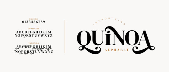 Quinoa Elegant Font Alphabet Uppercase Lowercase and Number. Classic Lettering Minimal Fashion Designs. Typography modern serif fonts regular decorative vintage concept. vector illustration