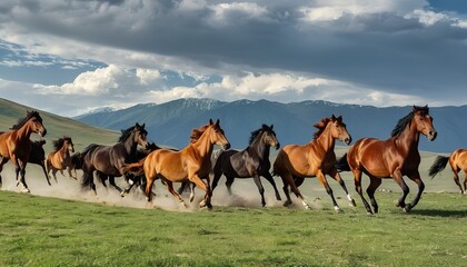 Steppes Symphony: A Captivating Portrait of Horses Galloping in the Vast Kyrgyz Landscape
