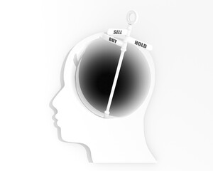 Buy hold sell button on signpost arrows inside of human head. Stock exchange invest trade. 3D render