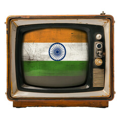 old classic televion with india flag in the screen, isolated PNG, white background