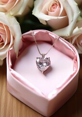 heart-shaped diamond necklace in pink jewelry box