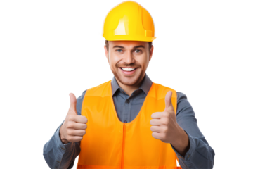 Smiling engineer man or construction worker with safety helmet in construction site, showing thumbs up. Isolated on transparent background