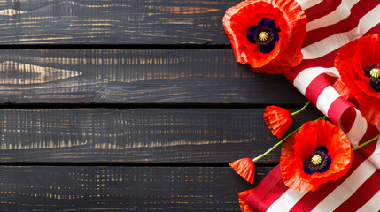 red poppies on dark wooden background with American flag