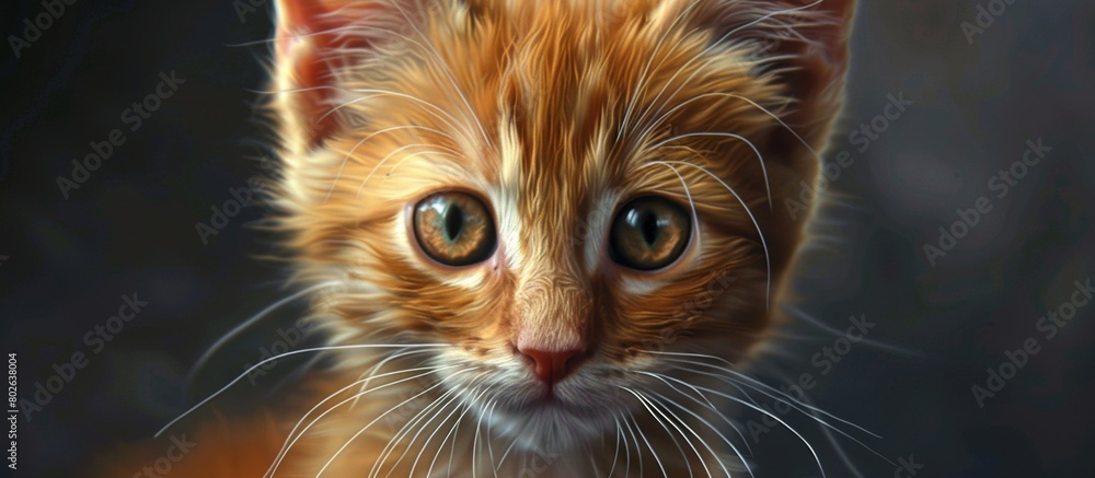 Poster a cute and fluffy tabby cat with whiskers and a striped fur pattern is looking directly at the camer