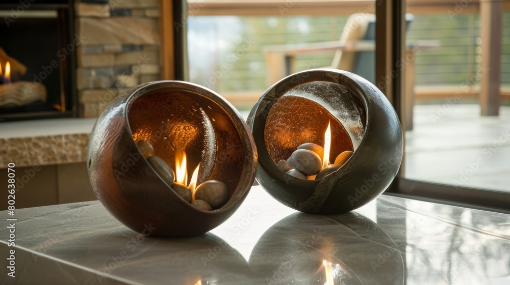Poster on a muted color palette the fire orb brings a pop of modernity and texture its simplicity lending i
