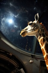 Giraffe gazing at the stars in a planetarium - obrazy, fototapety, plakaty