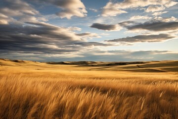 Vast golden wheat field under dramatic sky