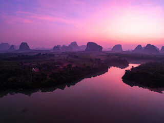 Aerial view Beautiful landscape nature view sunrise morning with reflections light over water...