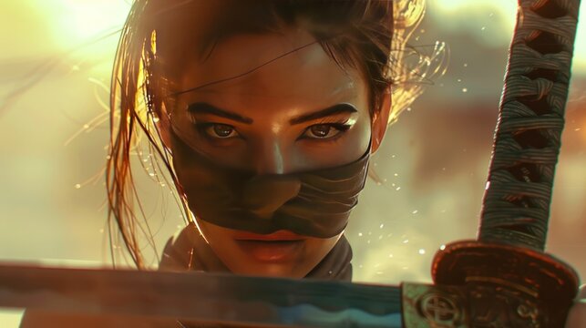 beautiful female ninja, one cyborg arm holding a ninja sword,