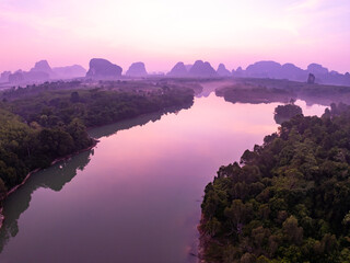 Aerial view Beautiful landscape nature view sunrise morning with reflections light over water...