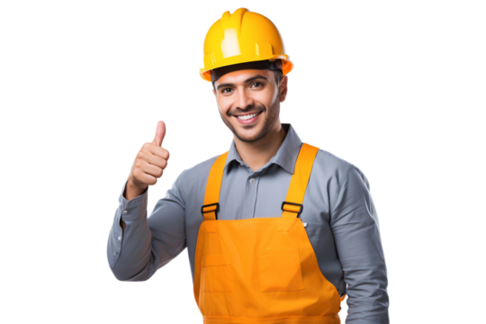 Smiling engineer man or construction worker with safety helmet in construction site, showing thumbs up. Isolated on transparent background