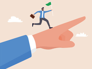 businessman runs atop a giant hand, which is pointing in the same direction, while holding a flag Illustration of leadership and guiding team members in business direction
