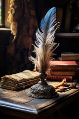 Vintage feather quill and old books on wooden table