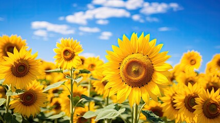 Obraz premium Vibrant sunflower field under blue sky