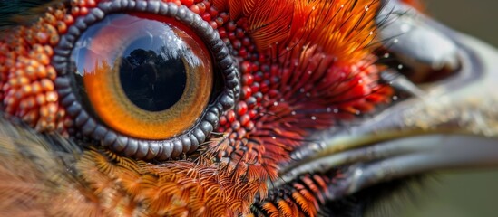 A detailed view of a bird showcasing a remarkably large eye, with intricate details and vibrant colors visible in the close-up shot - obrazy, fototapety, plakaty