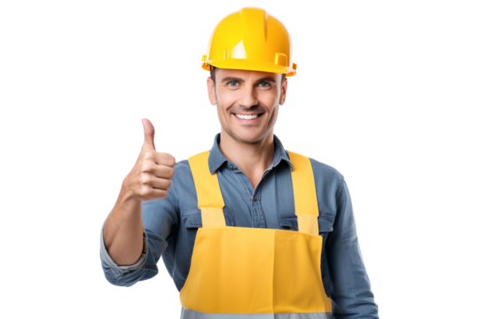 Portrait of a smiling engineer man or construction worker with safety helmet in construction site, showing thumbs up. Isolated on transparent background - Powered by Adobe