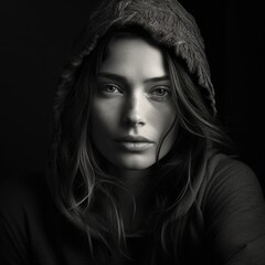 Mysterious woman in dark hooded jacket