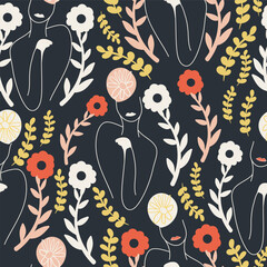 Red and white flowers and long stalks with figure outline seamless pattern background design.