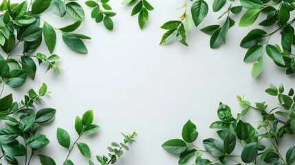 A minimalistic flat lay of green leaves on a white background, creating an elegant and natural frame for text or images. with copy space