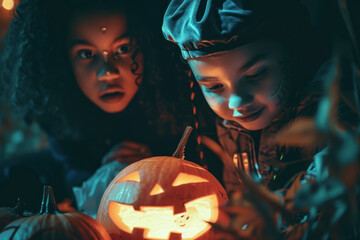 Two children dressed in Halloween costumes intently carving a pumpkin together, immersed in festive excitement.