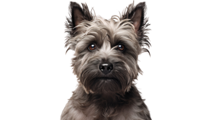 Cute cairn terrier dog close up face, isolated on transparent background