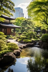 Tranquil japanese garden with pond and pagoda