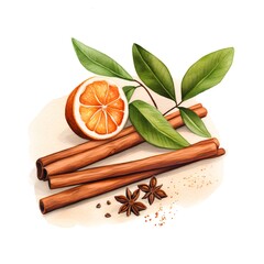 Watercolor illustration of cinnamon sticks, orange and star anise.
