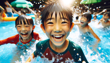 夏にプールで遊ぶ日本人の子供たち