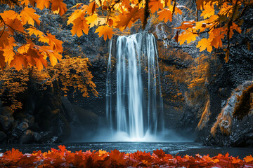 A cascading waterfall framed by vibrant autumn foliage, creating a breathtaking scene.