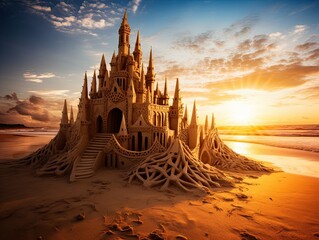 Magnificent sand castle at sunset