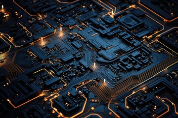 Intricate circuit board with glowing orange lines