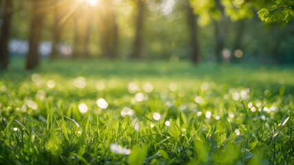 Beautiful sunny spring meadow with green grass and blue sky. Abstract background with light bokeh...