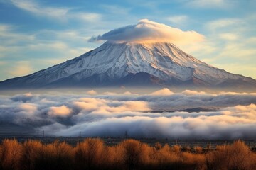 Majestic snow-capped mountain peak with dramatic clouds