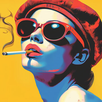 Brightly colored pop art illustration of a French woman wearing sunglasses and a beret smoking a cigarette.