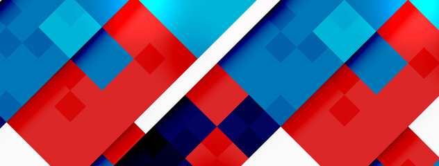 Vibrant colorfulness on a red, blue, and white abstract background with squares, lines, rectangles, and triangles. A dynamic art piece with azure, magenta tints and shades