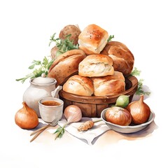 Hand drawn watercolor illustration of fresh bread rolls with onions and herbs.