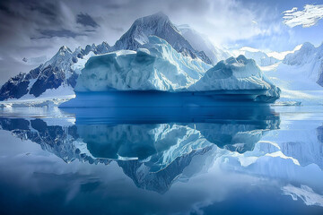 A majestic iceberg floating in a glacial lake, reflecting the surrounding mountains.