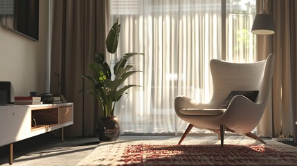 A bright, sunny room with a white armchair, plants, and a gray rug on the floor.