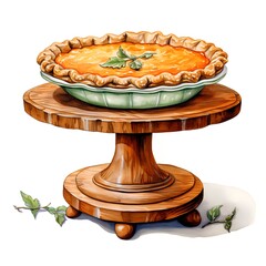 Hand drawn watercolor illustration of a pie with cream on a wooden stand