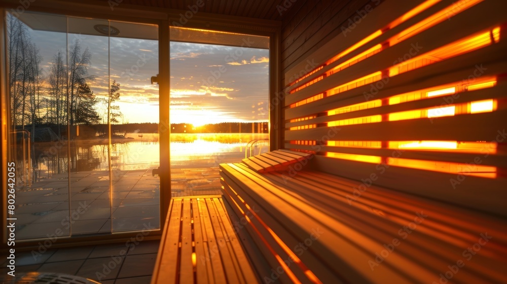 Poster the sauna landscape at dusk with soft golden light shining through the windows and creating a tranqu