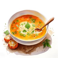 Vegetable soup with pumpkin, carrot, leek and basil. Watercolor illustration